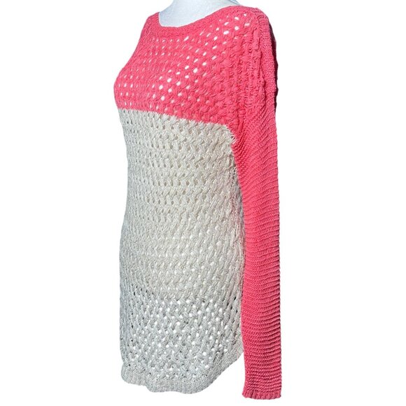 NEW Fever Crochet Knit Pull Over Longline Tunic Top Sweater Womens L Pink Beige - Picture 3 of 12